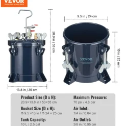 VEVOR 10L/2.5gal Spray Paint Pressure Pot Tank, 70PSI Max Air Paint Pressure Pot, Metal Rack and Leak Repair Sealant for Industry Home Decor Architecture Construction Automotive Painting