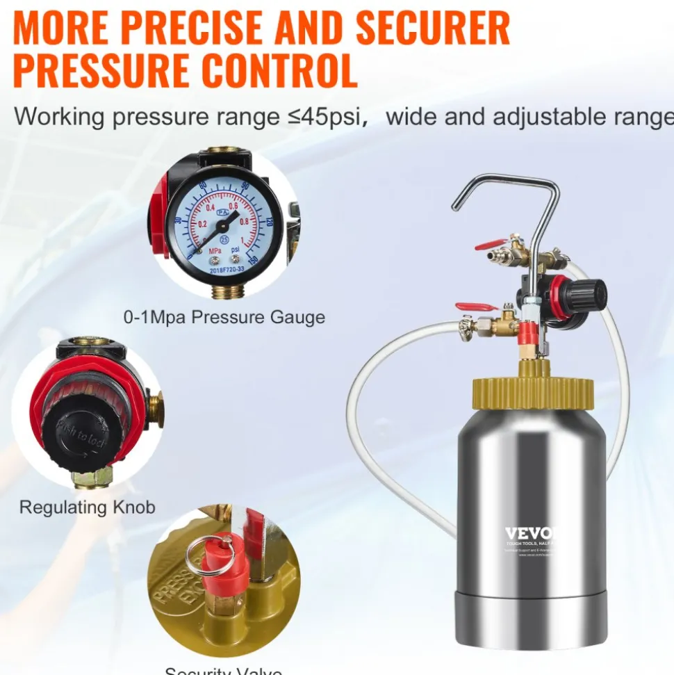 VEVOR 2L/0.5gal Spray Paint Pressure Pot Tank, Lightweight Air Paint Pressure Pot, 1.8mm Nozzle Spray Paint Gun 3m Hoses for Home Decoration Architecture Construction Automotive Painting, 45PSI Max
