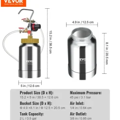 VEVOR 2L/0.5gal Spray Paint Pressure Pot Tank, Lightweight Air Paint Pressure Pot, 1.8mm Nozzle Spray Paint Gun 3m Hoses for Home Decoration Architecture Construction Automotive Painting, 45PSI Max