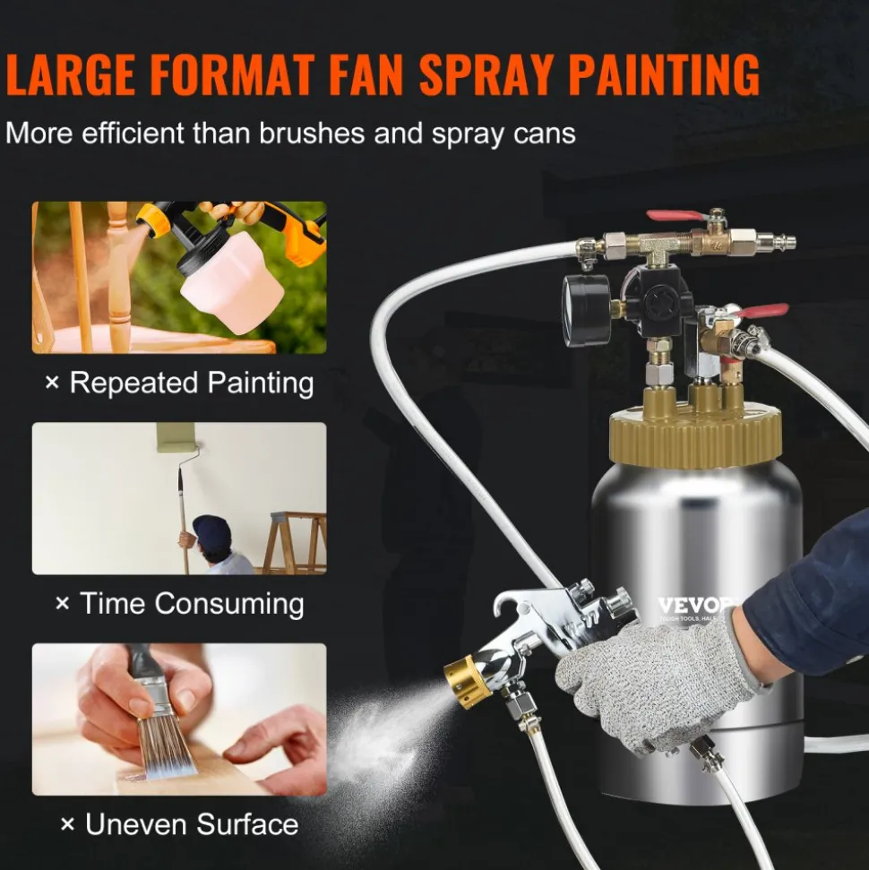 VEVOR 2L/0.5gal Spray Paint Pressure Pot Tank, Lightweight Air Paint Pressure Pot, 1.8mm Nozzle Spray Paint Gun 3m Hoses for Home Decoration Architecture Construction Automotive Painting, 45PSI Max