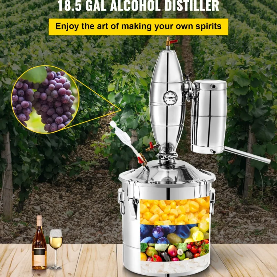 VEVOR 70L 18.5Gal Water Alcohol Distiller 304 Stainless Steel Alcohol Still Wine Making Boiler Home Kit with Thermometer for Whiskey Brandy Essential, Sliver