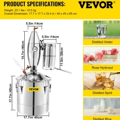 VEVOR 70L 18.5Gal Water Alcohol Distiller 304 Stainless Steel Alcohol Still Wine Making Boiler Home Kit with Thermometer for Whiskey Brandy Essential, Sliver