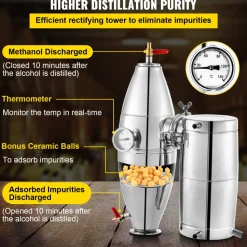 VEVOR 70L 18.5Gal Water Alcohol Distiller 304 Stainless Steel Alcohol Still Wine Making Boiler Home Kit with Thermometer for Whiskey Brandy Essential, Sliver
