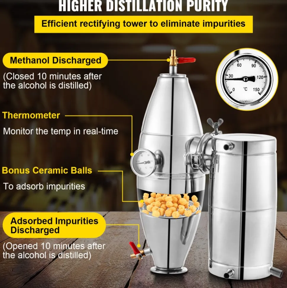 VEVOR 70L 18.5Gal Water Alcohol Distiller 304 Stainless Steel Alcohol Still Wine Making Boiler Home Kit with Thermometer for Whiskey Brandy Essential, Sliver