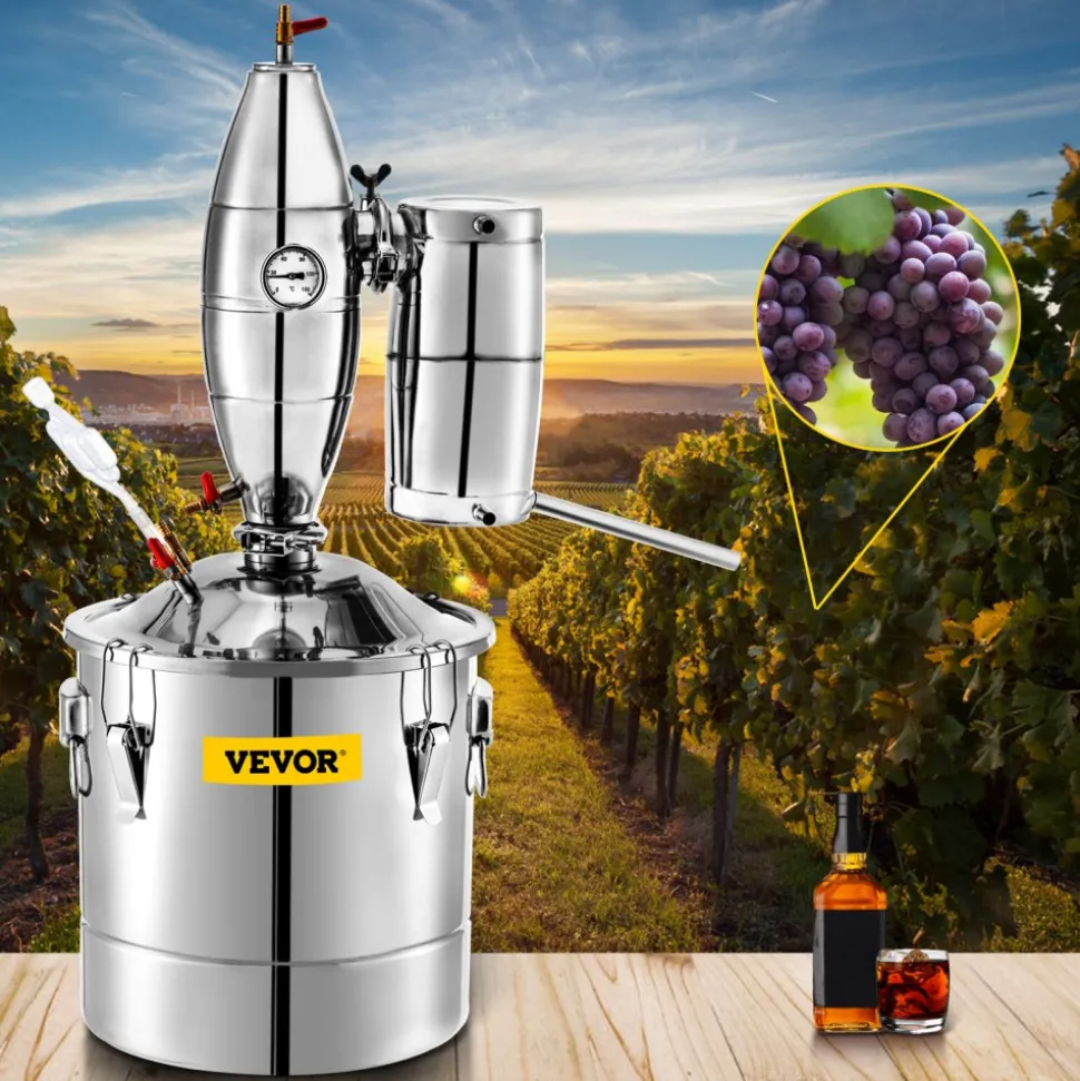 VEVOR 70L 18.5Gal Water Alcohol Distiller 304 Stainless Steel Alcohol Still Wine Making Boiler Home Kit with Thermometer for Whiskey Brandy Essential, Sliver