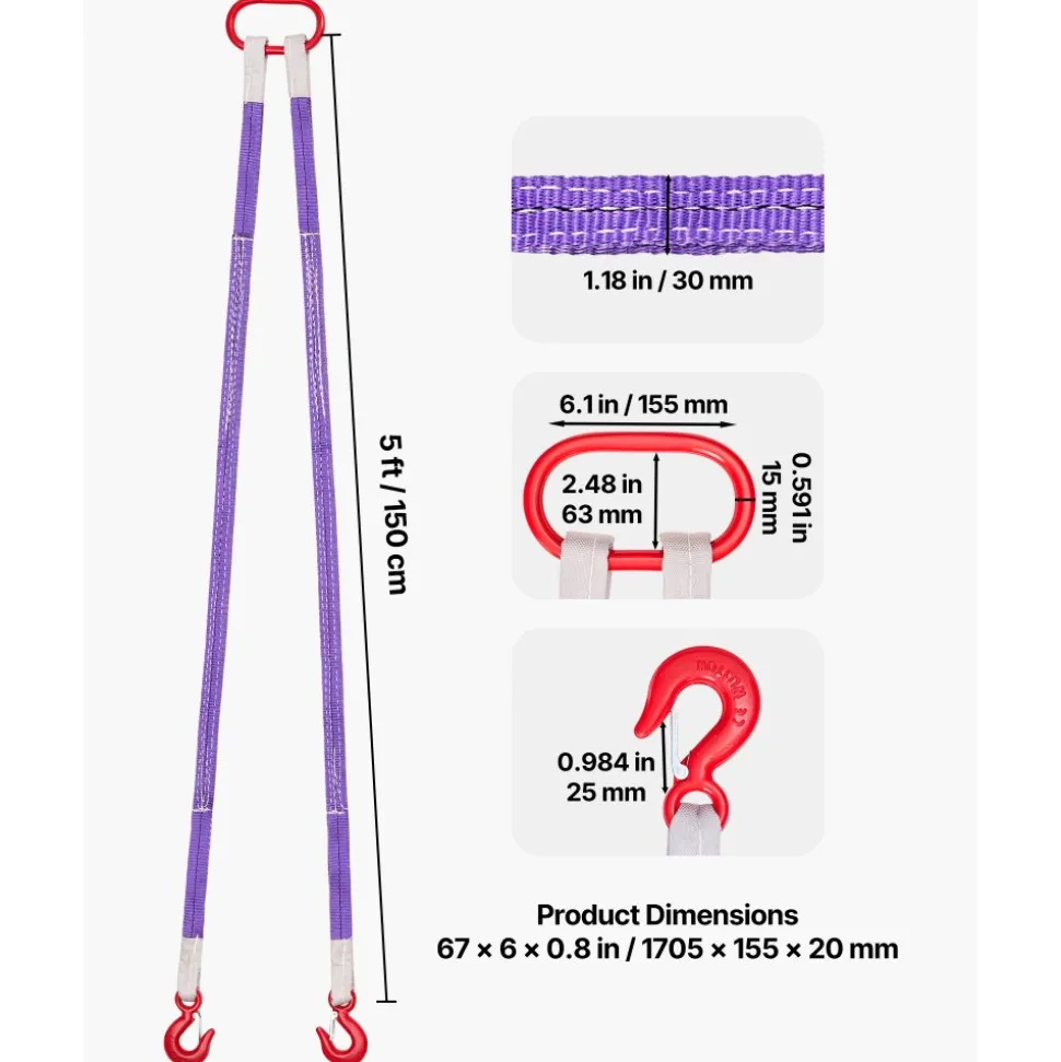 VEVOR Lifting Sling Straps, 2Pcs Two-Leg Polyester Bridle Sling with Hooks, 4400LB Capacity, 5Ft Heavy Duty Rigging Strap, Thickened & Wear-Resistant Webbing Slings for Engines Cranes Hoists Truck