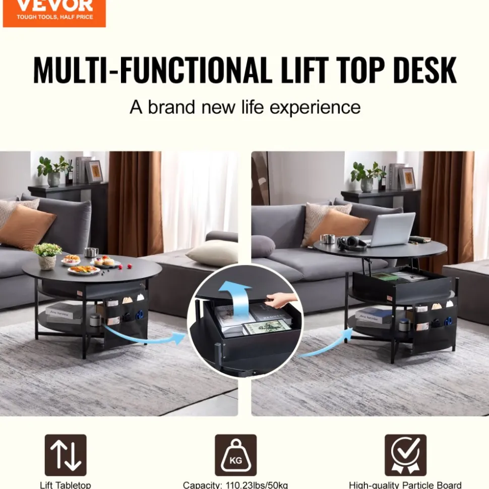 VEVOR Lift Top Coffee Table, 39.4 in Rectangle Coffee Table with Extra Storage Pockets, Flipable Coffee Table with Power Strip & USB & Ambient Lighting for Living Room, Black