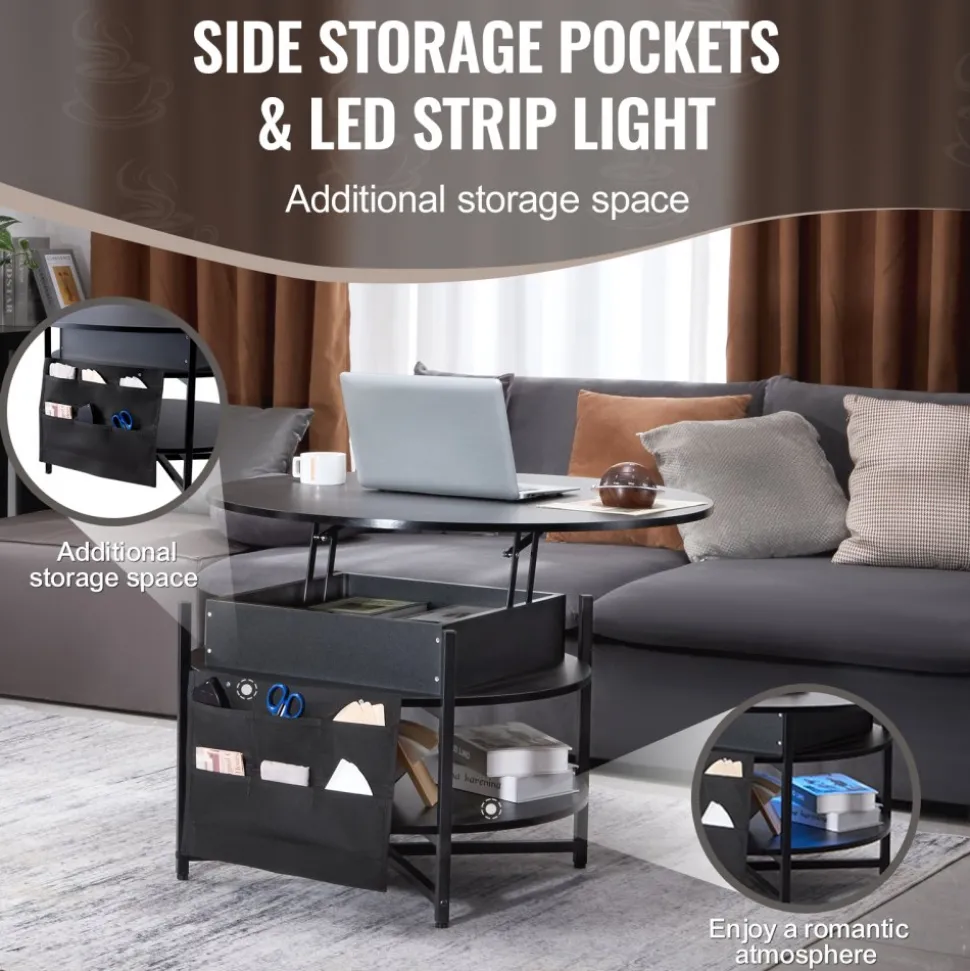 VEVOR Lift Top Coffee Table, 39.4 in Rectangle Coffee Table with Extra Storage Pockets, Flipable Coffee Table with Power Strip & USB & Ambient Lighting for Living Room, Black