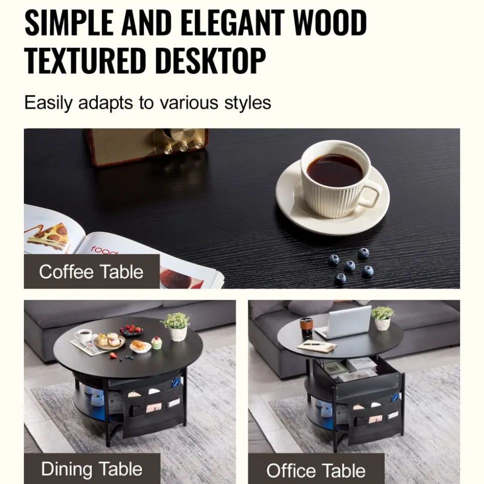 VEVOR Lift Top Coffee Table, 39.4 in Rectangle Coffee Table with Extra Storage Pockets, Flipable Coffee Table with Power Strip & USB & Ambient Lighting for Living Room, Black