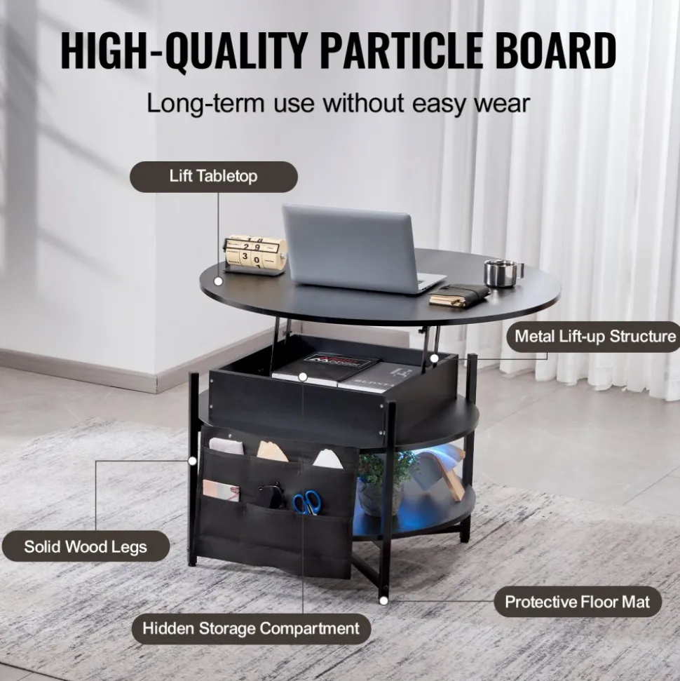 VEVOR Lift Top Coffee Table, 39.4 in Rectangle Coffee Table with Extra Storage Pockets, Flipable Coffee Table with Power Strip & USB & Ambient Lighting for Living Room, Black