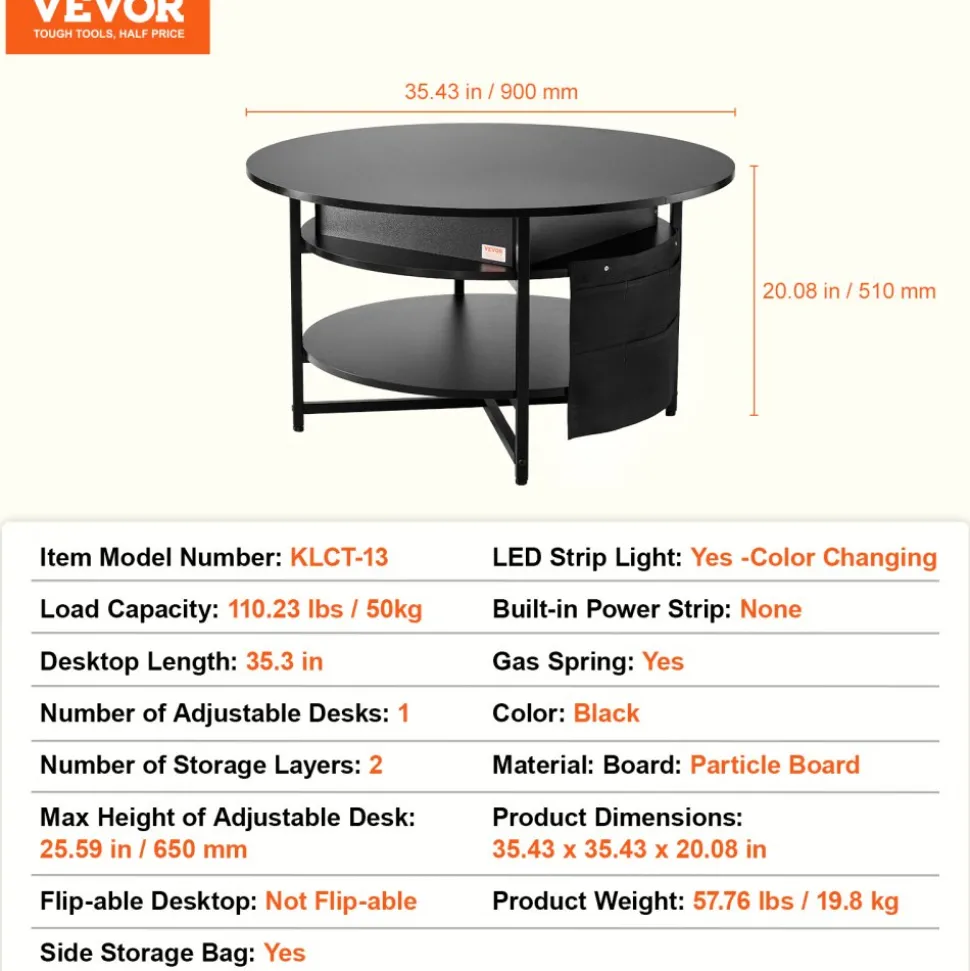 VEVOR Lift Top Coffee Table, 39.4 in Rectangle Coffee Table with Extra Storage Pockets, Flipable Coffee Table with Power Strip & USB & Ambient Lighting for Living Room, Black