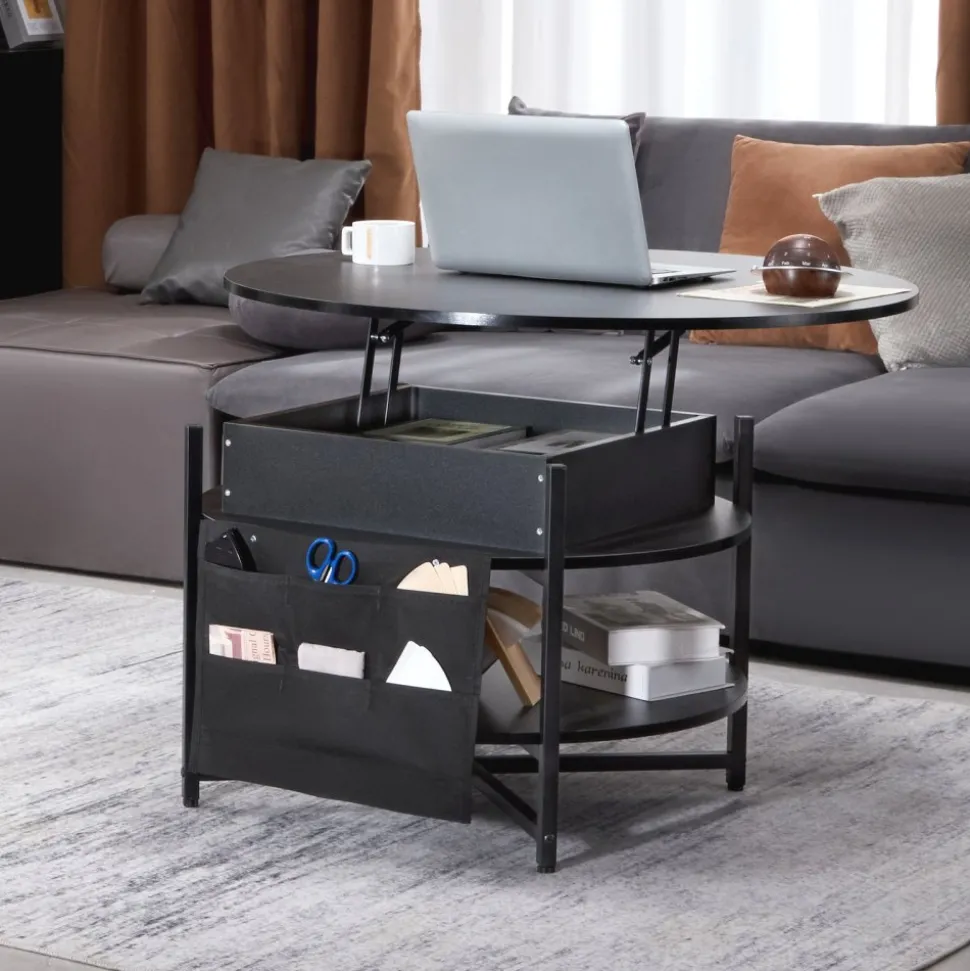 VEVOR Lift Top Coffee Table, 39.4 in Rectangle Coffee Table with Extra Storage Pockets, Flipable Coffee Table with Power Strip & USB & Ambient Lighting for Living Room, Black