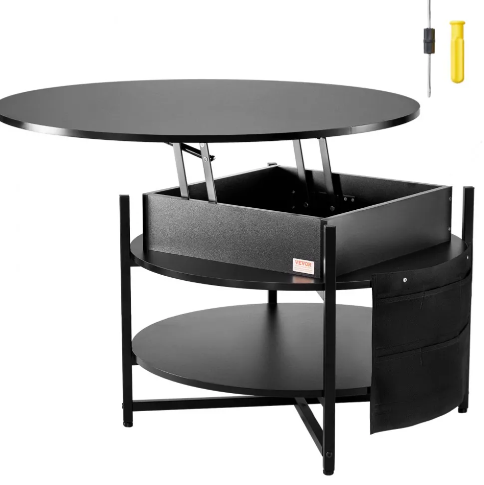 VEVOR Lift Top Coffee Table, 39.4 in Rectangle Coffee Table with Extra Storage Pockets, Flipable Coffee Table with Power Strip & USB & Ambient Lighting for Living Room, Black