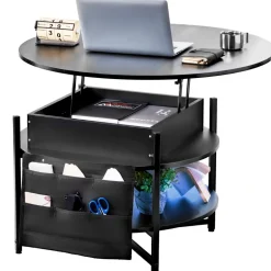 VEVOR Lift Top Coffee Table, 39.4 in Rectangle Coffee Table with Extra Storage Pockets, Flipable Coffee Table with Power Strip & USB & Ambient Lighting for Living Room, Black