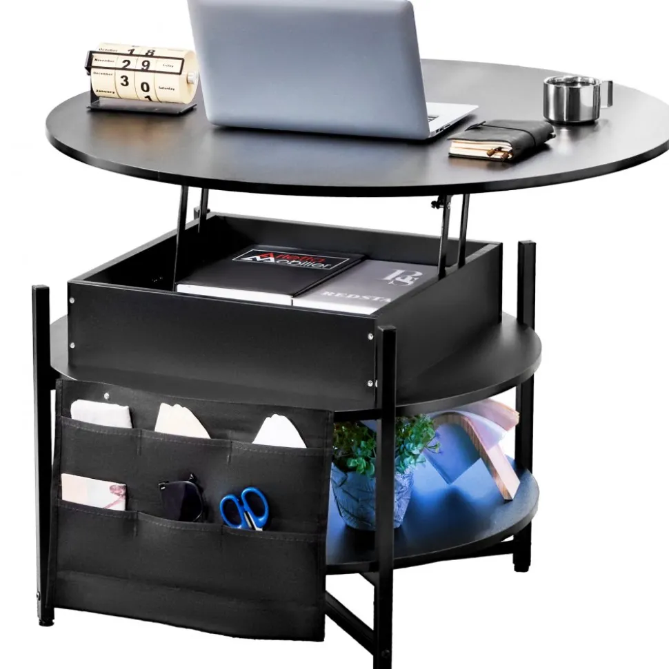 VEVOR Lift Top Coffee Table, 39.4 in Rectangle Coffee Table with Extra Storage Pockets, Flipable Coffee Table with Power Strip & USB & Ambient Lighting for Living Room, Black