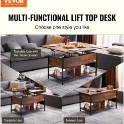 VEVOR Lift Top Coffee Table, 39.4 in Rectangle Coffee Table with Extra Storage Pockets, Flipable Coffee Table with Power Strip & USB & Ambient Lighting for Living Room, Brown