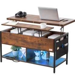 VEVOR Lift Top Coffee Table, 39.4 in Rectangle Coffee Table with Extra Storage Pockets, Flipable Coffee Table with Power Strip & USB & Ambient Lighting for Living Room, Brown