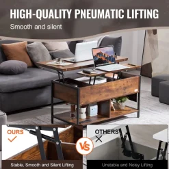 VEVOR Lift Top Coffee Table, 39.4 in Rectangle Coffee Table with Extra Storage Pockets, Flipable Coffee Table with Power Strip & USB & Ambient Lighting for Living Room, Brown