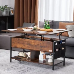 VEVOR Lift Top Coffee Table, 39.4 in Rectangle Coffee Table with Extra Storage Pockets, Flipable Coffee Table with Power Strip & USB & Ambient Lighting for Living Room, Brown