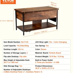 VEVOR Lift Top Coffee Table, 39.4 in Rectangle Coffee Table with Extra Storage Pockets, Flipable Coffee Table with Power Strip & USB & Ambient Lighting for Living Room, Brown