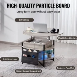 VEVOR Lift Top Coffee Table, 35.3 in Round Coffee Table with Extra Storage Pockets, Pop Up Coffee Table for Living Room, White