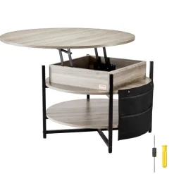 VEVOR Lift Top Coffee Table, 35.3 in Round Coffee Table with Extra Storage Pockets, Pop Up Coffee Table for Living Room, White