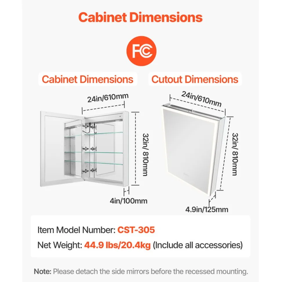 VEVOR Lighted Medicine Cabinet with Mirror, 30 x 28 in Recessed or Wall Mount, 3 Color Dimmable LED Bathroom Medicine Cabinet with HD Tempered Glass Mirror, Adjustable Shelves, Memory Defog Function