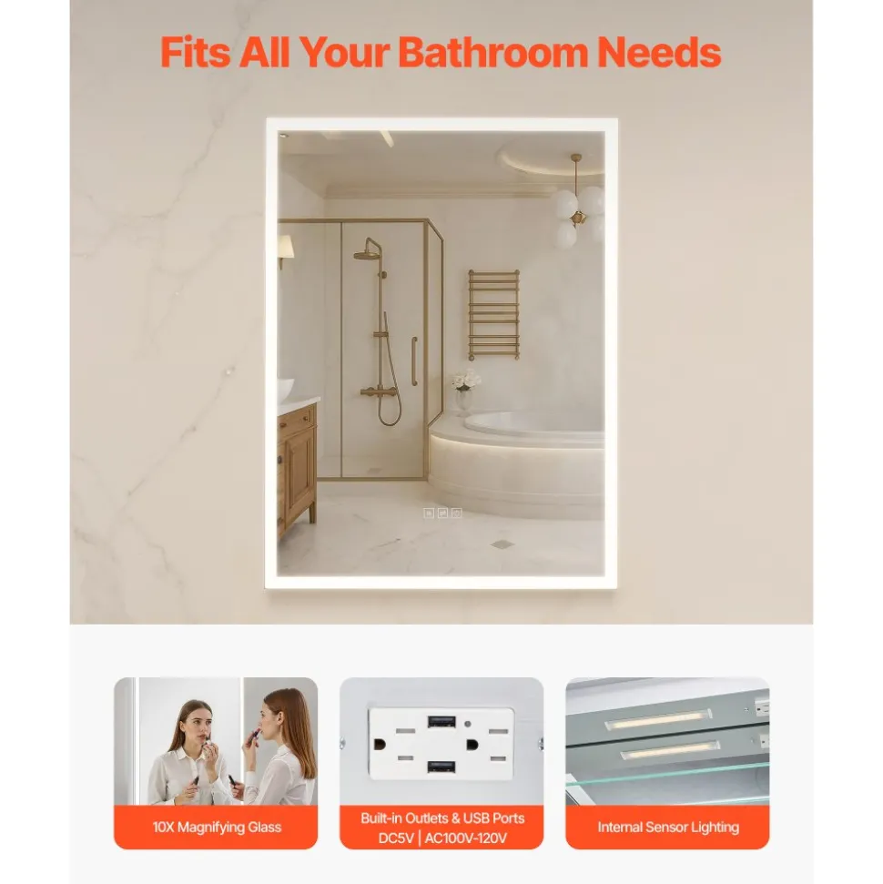 VEVOR Lighted Medicine Cabinet with Mirror, 30 x 28 in Recessed or Wall Mount, 3 Color Dimmable LED Bathroom Medicine Cabinet with HD Tempered Glass Mirror, Adjustable Shelves, Memory Defog Function
