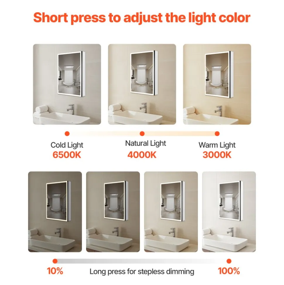 VEVOR Lighted Medicine Cabinet with Mirror, 30 x 28 in Recessed or Wall Mount, 3 Color Dimmable LED Bathroom Medicine Cabinet with HD Tempered Glass Mirror, Adjustable Shelves, Memory Defog Function