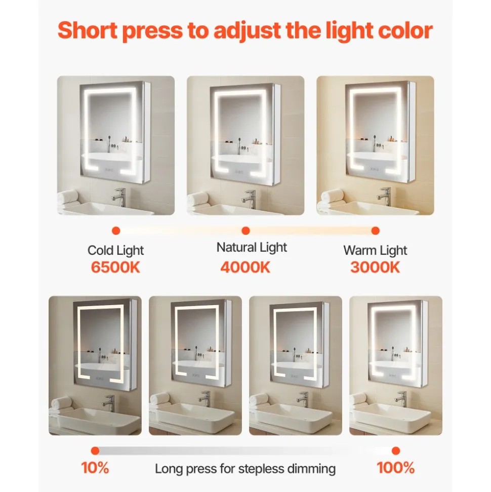 VEVOR Lighted Medicine Cabinet with Mirror, 20 x 26 in Recessed or Wall Mount, 3 Color Dimmable LED Bathroom Medicine Cabinet with Double-Side Mirror, Adjustable Shelves, Memory Anti-Fog Function