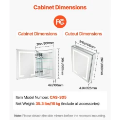 VEVOR Lighted Medicine Cabinet with Mirror, 20 x 26 in Recessed or Wall Mount, 3 Color Dimmable LED Bathroom Medicine Cabinet with Double-Side Mirror, Adjustable Shelves, Memory Anti-Fog Function