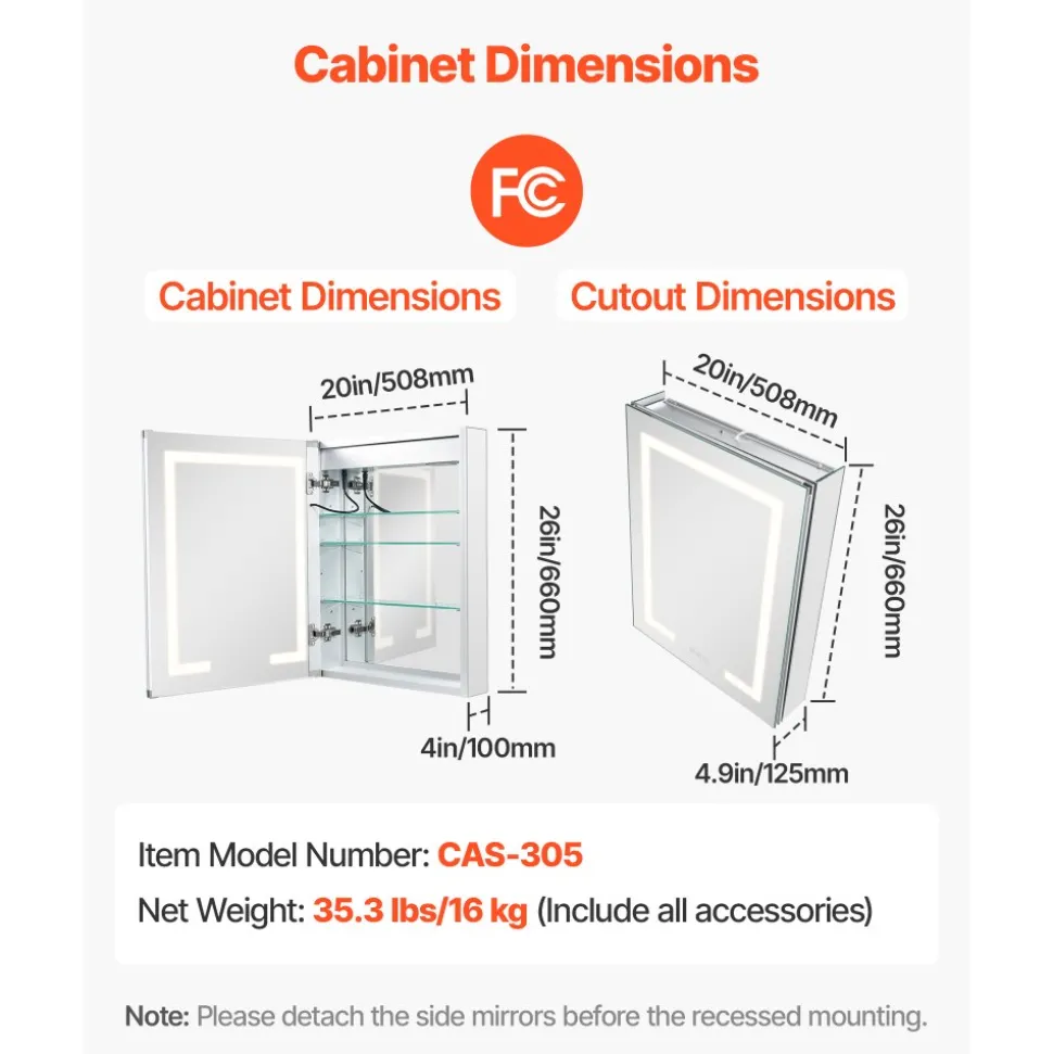 VEVOR Lighted Medicine Cabinet with Mirror, 20 x 26 in Recessed or Wall Mount, 3 Color Dimmable LED Bathroom Medicine Cabinet with Double-Side Mirror, Adjustable Shelves, Memory Anti-Fog Function