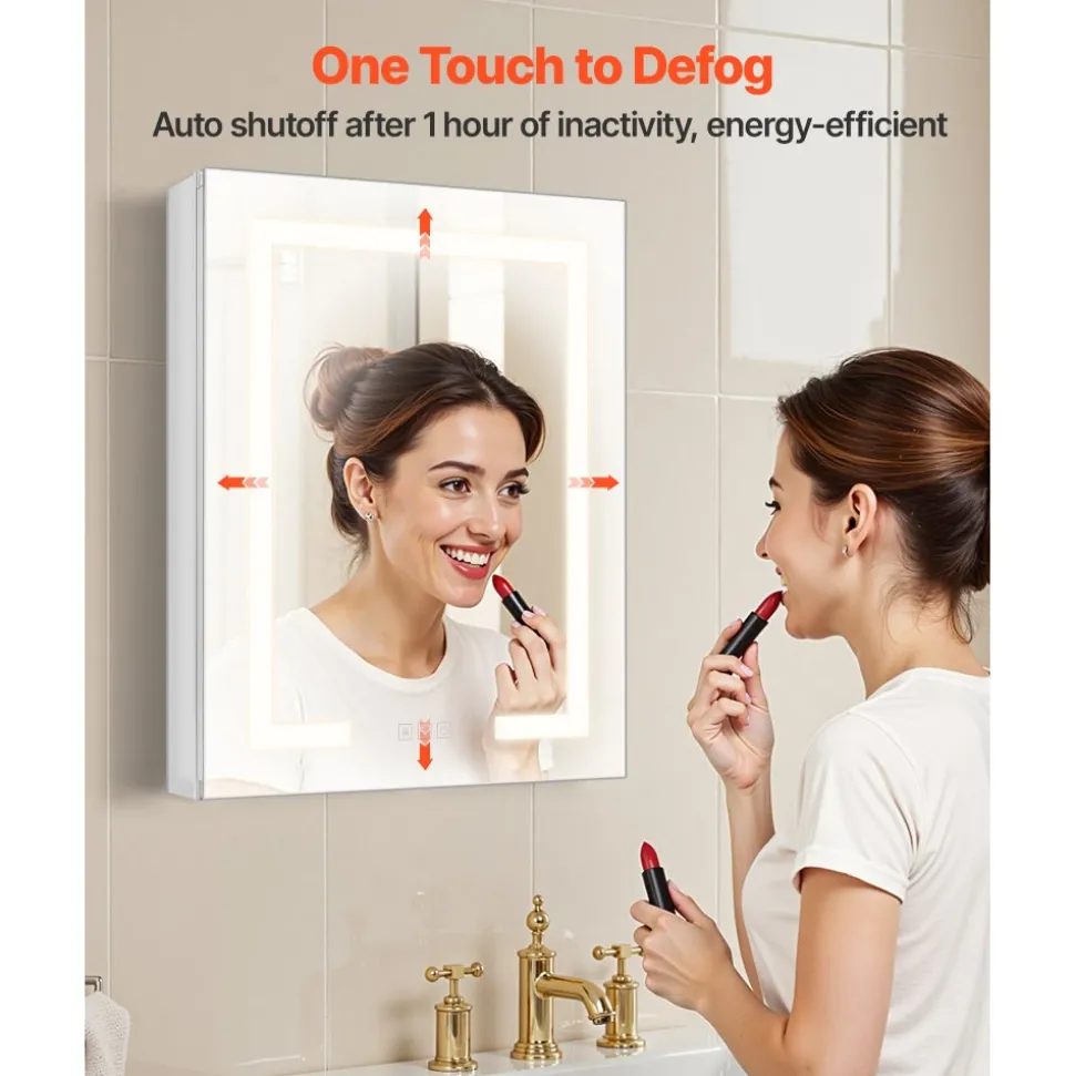 VEVOR Lighted Medicine Cabinet with Mirror, 20 x 26 in Recessed or Wall Mount, 3 Color Dimmable LED Bathroom Medicine Cabinet with Double-Side Mirror, Adjustable Shelves, Memory Anti-Fog Function