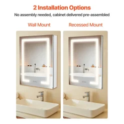 VEVOR Lighted Medicine Cabinet with Mirror, 20 x 26 in Recessed or Wall Mount, 3 Color Dimmable LED Bathroom Medicine Cabinet with Double-Side Mirror, Adjustable Shelves, Memory Anti-Fog Function