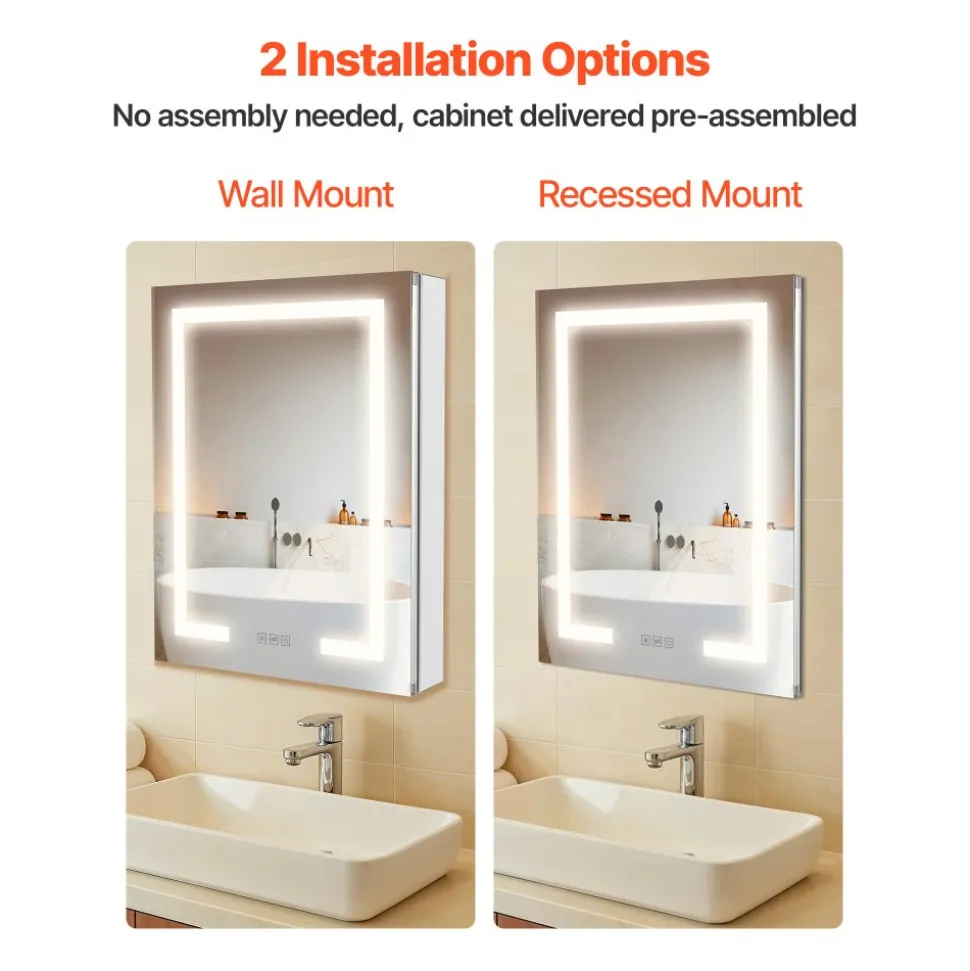 VEVOR Lighted Medicine Cabinet with Mirror, 20 x 26 in Recessed or Wall Mount, 3 Color Dimmable LED Bathroom Medicine Cabinet with Double-Side Mirror, Adjustable Shelves, Memory Anti-Fog Function