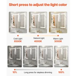 VEVOR Lighted Medicine Cabinet with Mirror, 36 x 30 in Recessed or Wall Mount, 3 Color Dimmable LED Bathroom Medicine Cabinet with HD Mirror, Clock, Adjustable Shelve Storage, Memory Defog Function
