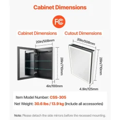 VEVOR Lighted Medicine Cabinet with Mirror, 20 x 28 in Recessed or Wall Mount, 3 Color Dimmable LED Bathroom Medicine Cabinet with Bottom Lighting, Adjustable Shelve Storage, Memory Defog Function