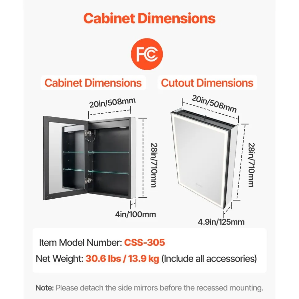 VEVOR Lighted Medicine Cabinet with Mirror, 20 x 28 in Recessed or Wall Mount, 3 Color Dimmable LED Bathroom Medicine Cabinet with Bottom Lighting, Adjustable Shelve Storage, Memory Defog Function