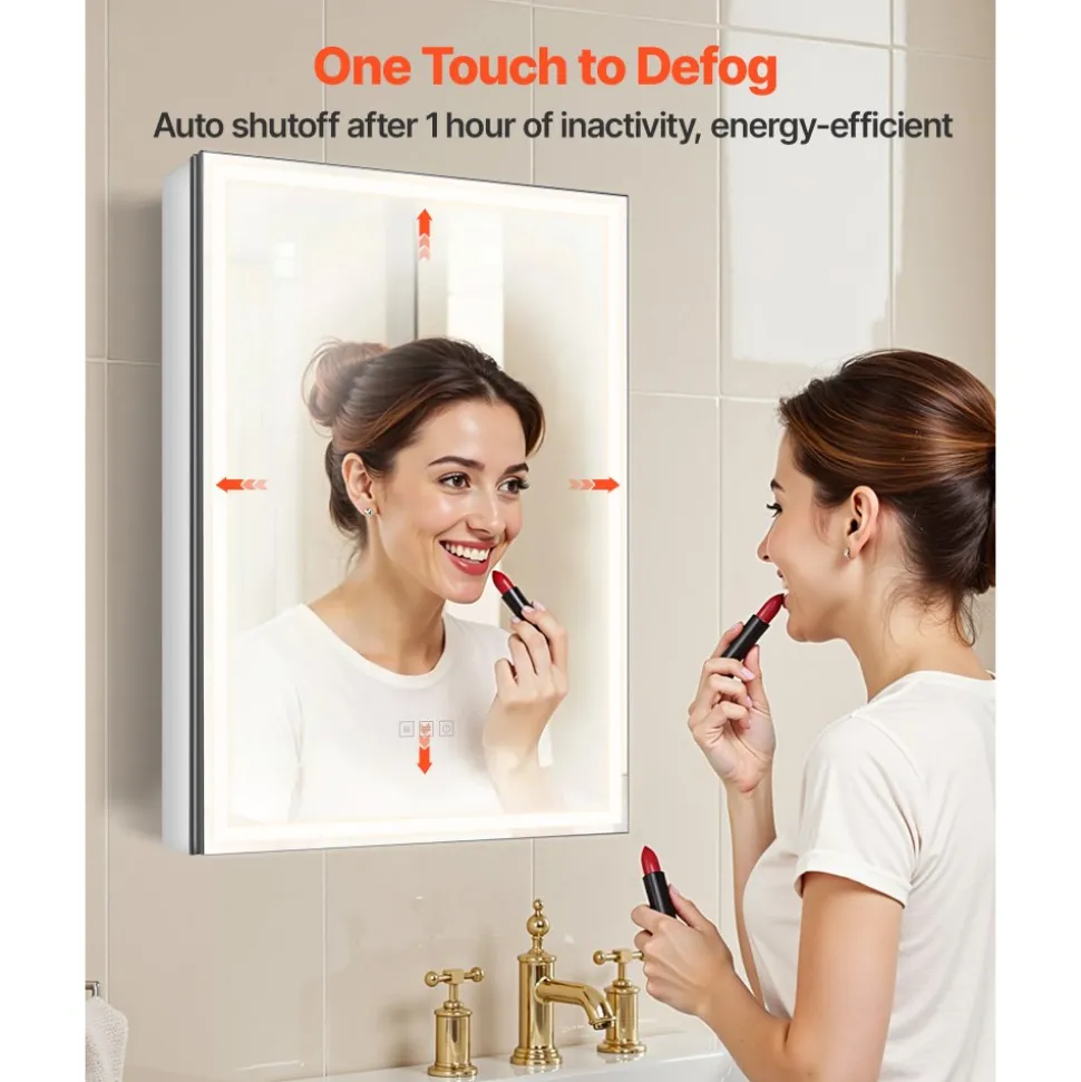 VEVOR Lighted Medicine Cabinet with Mirror, 20 x 28 in Recessed or Wall Mount, 3 Color Dimmable LED Bathroom Medicine Cabinet with Bottom Lighting, Adjustable Shelve Storage, Memory Defog Function