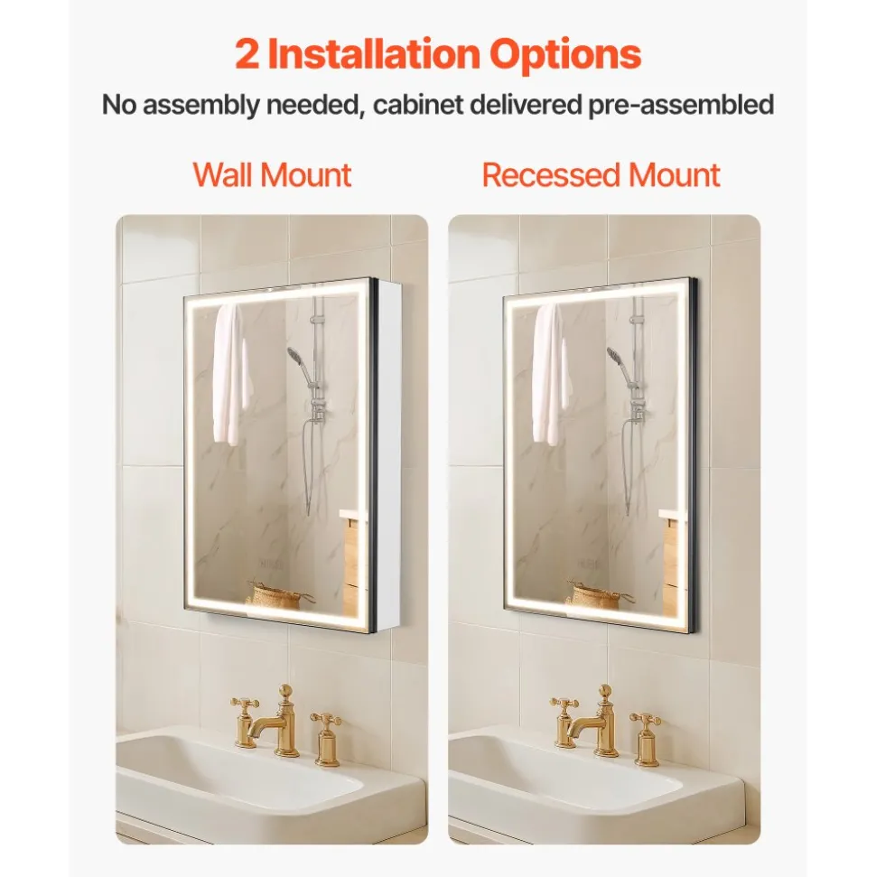 VEVOR Lighted Medicine Cabinet with Mirror, 20 x 28 in Recessed or Wall Mount, 3 Color Dimmable LED Bathroom Medicine Cabinet with Bottom Lighting, Adjustable Shelve Storage, Memory Defog Function