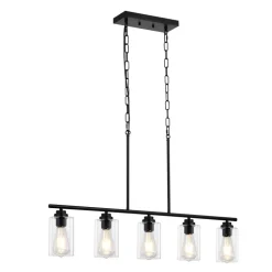VEVOR 5-Light Kitchen Island Pendant Lights, 60W, Adjustable Dining Room Light Fixture with Clear Glass Lampshade 4 Rods 2 Metal Chains, Metal Frame Farmhouse Linear Chandeliers for Dining Room, E26