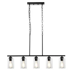 VEVOR 5-Light Kitchen Island Pendant Lights, 60W, Adjustable Dining Room Light Fixture with Clear Glass Lampshade 4 Rods 2 Metal Chains, Metal Frame Farmhouse Linear Chandeliers for Dining Room, E26