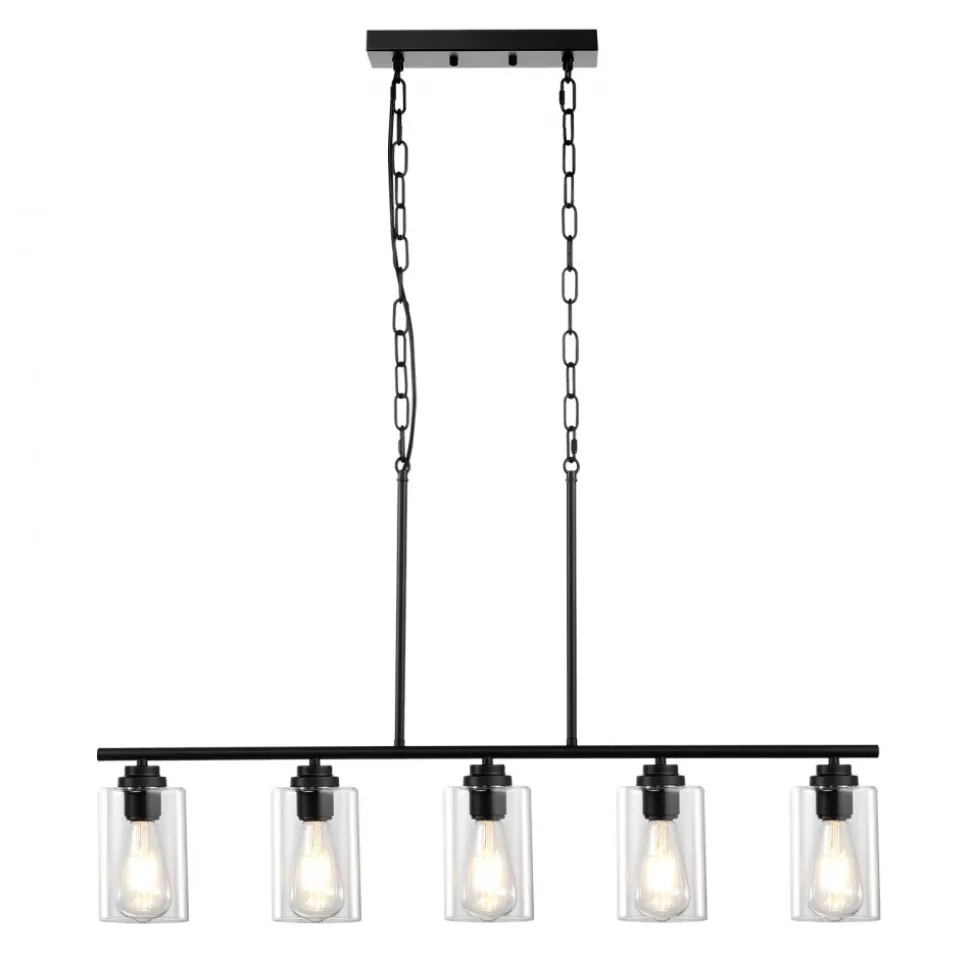 VEVOR 5-Light Kitchen Island Pendant Lights, 60W, Adjustable Dining Room Light Fixture with Clear Glass Lampshade 4 Rods 2 Metal Chains, Metal Frame Farmhouse Linear Chandeliers for Dining Room, E26