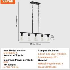 VEVOR 5-Light Kitchen Island Pendant Lights, 60W, Adjustable Dining Room Light Fixture with Clear Glass Lampshade 4 Rods 2 Metal Chains, Metal Frame Farmhouse Linear Chandeliers for Dining Room, E26