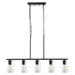 VEVOR 5-Light Kitchen Island Pendant Lights, 60W, Adjustable Dining Room Light Fixture with Clear Glass Lampshade 4 Rods 2 Metal Chains, Metal Frame Farmhouse Linear Chandeliers for Dining Room, E26