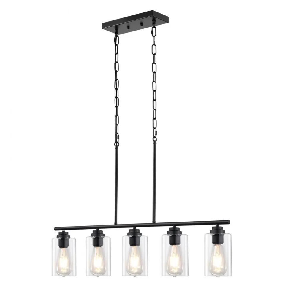 VEVOR 5-Light Kitchen Island Pendant Lights, 60W, Adjustable Dining Room Light Fixture with Clear Glass Lampshade 4 Rods 2 Metal Chains, Metal Frame Farmhouse Linear Chandeliers for Dining Room, E26