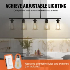 VEVOR 5-Light Kitchen Island Pendant Lights, 60W, Adjustable Dining Room Light Fixture with Clear Glass Lampshade 4 Rods 2 Metal Chains, Metal Frame Farmhouse Linear Chandeliers for Dining Room, E26