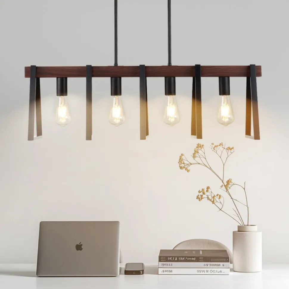 VEVOR 4-Light Kitchen Island Pendant Lights, 60W, Adjustable Dining Room Light Fixture with 2 x 6'' and 6 x 12'' Rods, Industrial Metal Frame Farmhouse Linear Chandeliers Lighting for Dining Room, E26