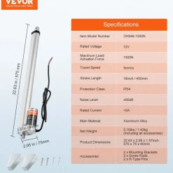 VEVOR Linear Actuator 12V, 18 Inch High Load 330lbs/1500N Linear Actuator, 0.19