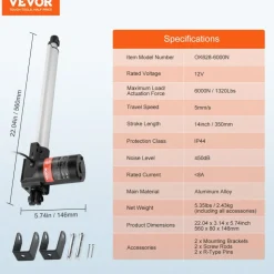 VEVOR Linear Actuator 12V, 14 Inch Heavy Duty 1320lbs/6000N Linear Actuator, 0.19"/s Linear Motion Actuator with Mounting Bracket & IP44 Protection for Electric Door Industrial Machinery Vessels Cargo